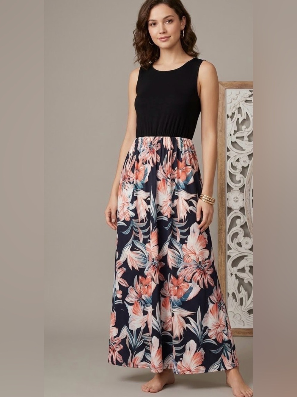 CHICMATCHY Elegant Hawaiian Floral Bottom Black Empire Top Maxi Dress sz M EUC